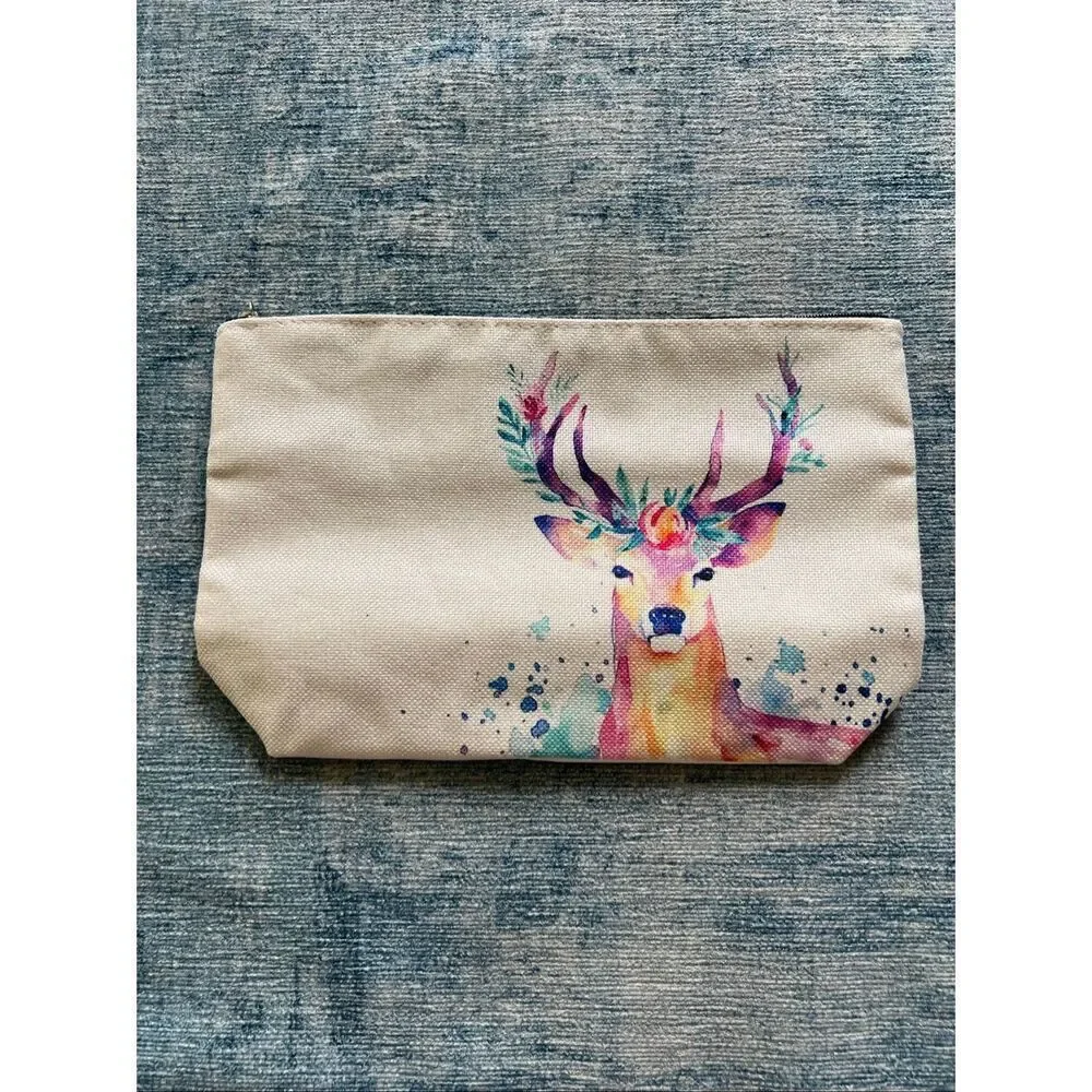 Watercolor Flower Buck Deer Cotton Canvas Small Makeup Bag Travel Toiletry Pouch